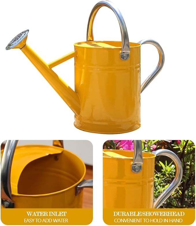 Metal Watering Can, One Gallon Watering Cans Stainless Steel for Outdoor Indoor Garden Plants Watering (Yellow)