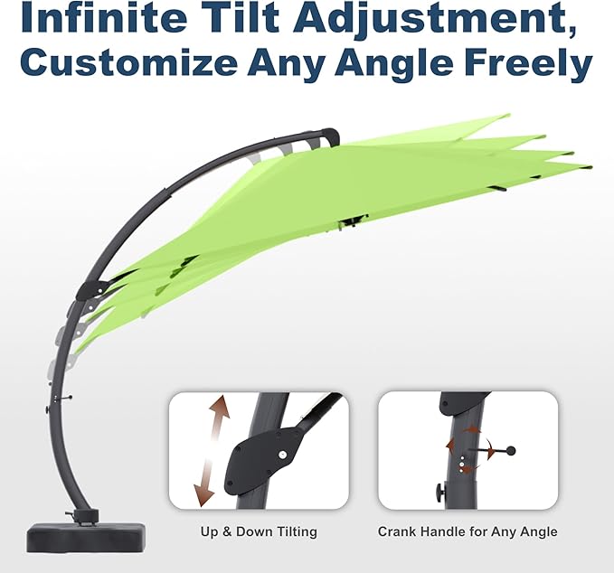 11FT Cantilever Umbrella with Base Large Curvy Outdoor Aluminum Offset Umbrella w/ 360° Rotation, UV Resistant Canopy for Patio, Garden, Backyard, Apple Green
