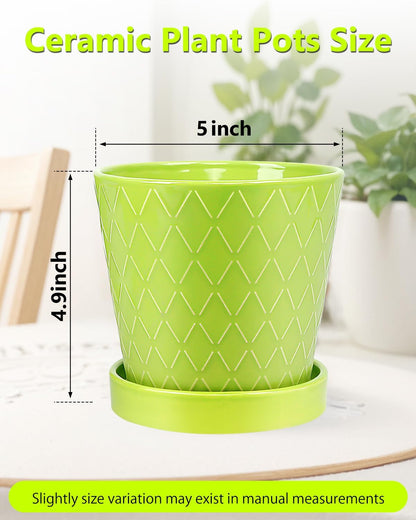 EFISPSS 5 Inch Ceramic Plant Pots Indoor, Planters with Drainage Holes and Ceramic Tray, Relief Design Flower Planter，Desktop Office Windowsill Decoration Gift Set of 4 - Green
