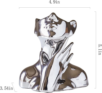 BrownLove Silver Ceramic Face Vase, Modern Silver Decorative Art Vase, Bookshelf Placed On The Desktop, Small Living Room, Office and Bedroom