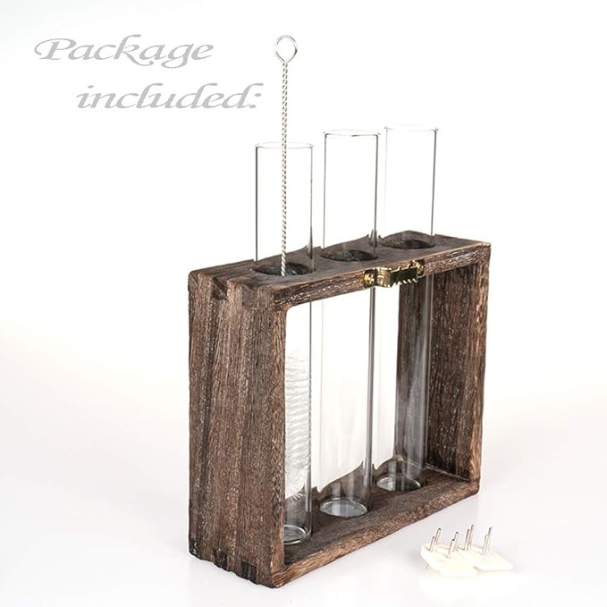 Wooden Propagation Station with 3 Glass Test Tubes, Tabletop Glass Terrarium Holder for Cuttings Hydroponics, Home Office Desk Decor Gift for Women Mom Plant Lovers, Brown