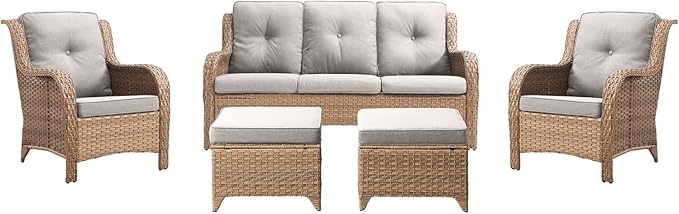 Rilyson Outdoor Patio Wicker Furniture Set - 5 Piece Rattan Patio Conversation Sectional Sofa Set with 1 Couch,2 Armchairs,2 Ottomans for Porch Deck Garden(Yellow/Beige)