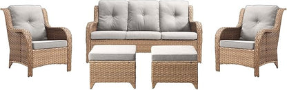 Rilyson Outdoor Patio Wicker Furniture Set - 5 Piece Rattan Patio Conversation Sectional Sofa Set with 1 Couch,2 Armchairs,2 Ottomans for Porch Deck Garden(Yellow/Beige)