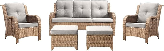 Rilyson Outdoor Patio Wicker Furniture Set - 5 Piece Rattan Patio Conversation Sectional Sofa Set with 1 Couch,2 Armchairs,2 Ottomans for Porch Deck Garden(Yellow/Beige)