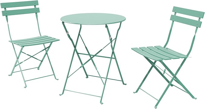 Grand patio 3-Piece Steel Foldable Bistro Set, 2 Chairs and 1 Table, Weather-Resistant Outdoor/Indoor Conversation Set for Patio, Yard, Garden-Macaron Blue