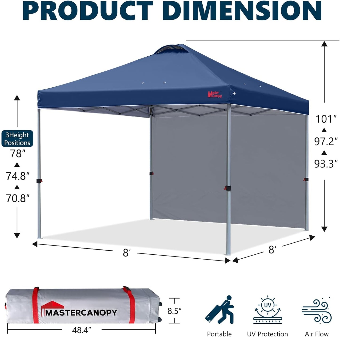 MASTERCANOPY Durable Pop-up Canopy Tent with 1 Sidewall (8'x8',Navy Blue)