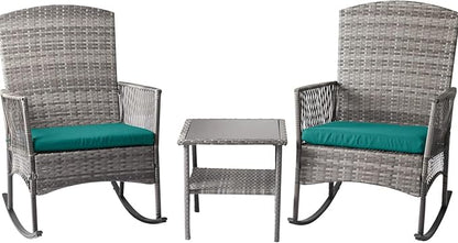 DECMICO Outdoor Rattan Wicker Rocking Chair, 3 Pieces Patio Conversation Furniture Bistro Sets with Side Table and Cushions for Porch Garden and Balcony