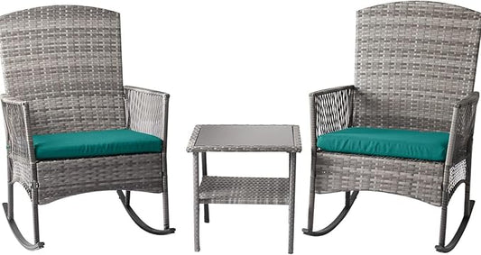 DECMICO Outdoor Rattan Wicker Rocking Chair, 3 Pieces Patio Conversation Furniture Bistro Sets with Side Table and Cushions for Porch Garden and Balcony