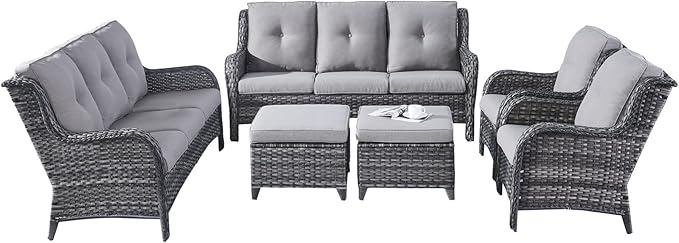 Rilyson Wicker Patio Furniture Set - 6 Piece Rattan Outdoor Sectional Conversation Sets with 2 Sofa,2 Armrest Chairs and 2 Ottomans for Porch Deck Garden(Mixed Grey/Grey)