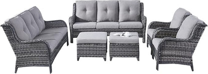 Rilyson Wicker Patio Furniture Set - 6 Piece Rattan Outdoor Sectional Conversation Sets with 2 Sofa,2 Armrest Chairs and 2 Ottomans for Porch Deck Garden(Mixed Grey/Grey)