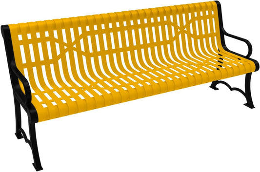 Heavy-Duty Outdoor Bench Thermoplastic Coated, Slatted Steel, Commercial-Grade Garden Bench, Made in America (Portable with Back, 6 Ft, Textured Yellow)