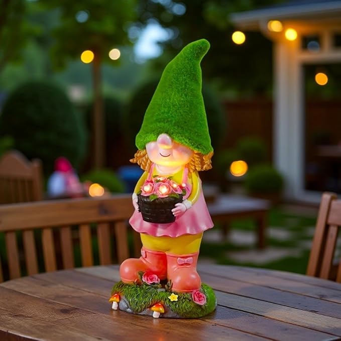 Garden Solar Resin Gnome Girl Statue with Solar Powered Night Light for Porch, Patio and Indoor Decoration
