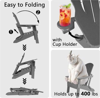 Folding Adirondack Chair with Cup Holder Set of 4, HDPE Patio Chairs,All-Weather Outdoor Chairs for Backyard, Deck,Fire Pit-Coffee