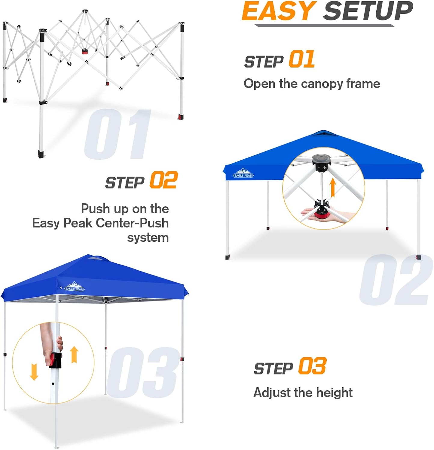 EAGLE PEAK Pop Up Canopy Tent with Wheeled Carry Bag, 8 Stakes, 4 Ropes, Easy Set Up Tent Canopy, 6.6x6.6 ft, Blue