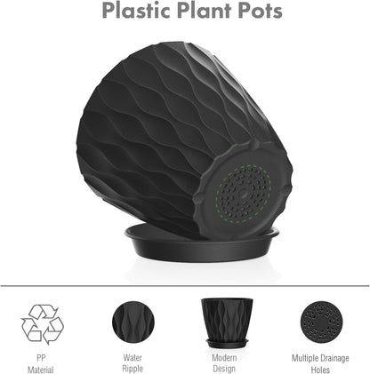 4 inch Small Plastic Nursery Pots, Seedling Pots, 5 Set Water Ripples Plant Pots for Indoor Plants, Flower Pots with Drainage Holes and Saucers, Seed Starter Pots for Succulent Plants, Black