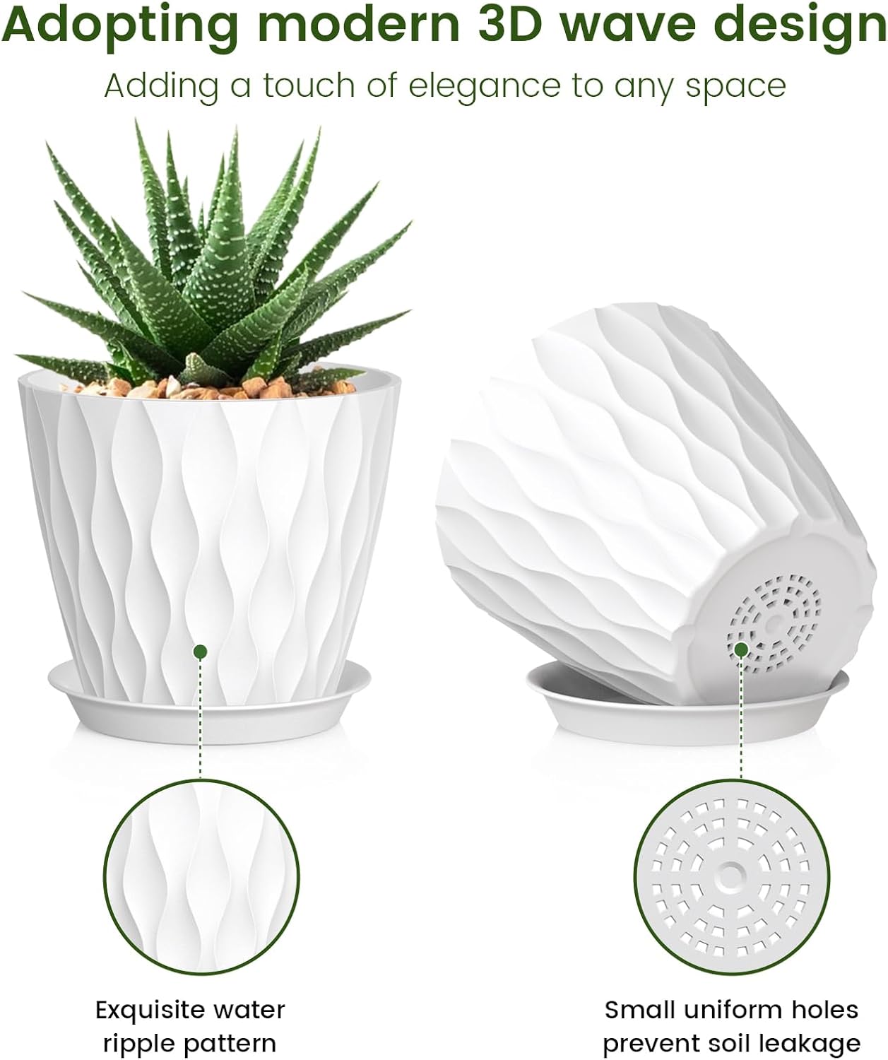 5 inch Plant Pots for Indoor Outdoor Plants, 6 Pack Thick Nursery Pots with Drainage Holes and Saucers, 3D Modern Wave Texture Small Plastic Planter Flower Pots for Succulent, Herb, White