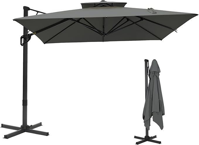 Sophia & William Cantilever Patio Umbrella 10'x 13', Hydraulic Lift Offset Large Outdoor Umbrellas, 2-Tier Hanging Umbrella with 360-degree Rotation, Grey(No Base)