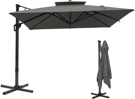 Sophia & William Cantilever Patio Umbrella 10'x 13', Hydraulic Lift Offset Large Outdoor Umbrellas, 2-Tier Hanging Umbrella with 360-degree Rotation, Grey(No Base)