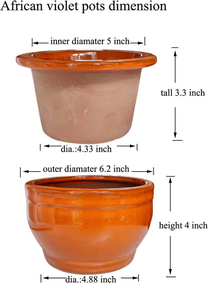 African Violet Pots Self Watering Round Ceramic Violet Pot (Orange, 6 inch)