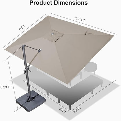 PURPLE LEAF 9' X 11.5' Rectangle Patio Umbrella Outdoor Large Aluminum Cantilever Umbrella with 3-Year Fade Resistance Recycled Fabric and 360-degree Rotation for Deck Pool Garden, Ash Mocha