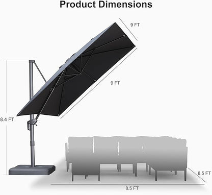 PURPLE LEAF 9 FT Cantilever Patio Umbrella Outdoor Aluminum Offset Square Umbrella with 3 Years Fade Resistance Recycled Fabric and 360-degree Rotation for Deck Pool Garden, Graphite Grey