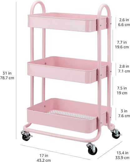 Amazon Basics 3-Tier Rolling Utility or Kitchen Cart, Lockable Wheels, Multifunctional Storage, Dusty Pink