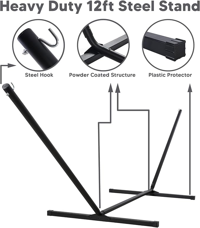 SUNCREAT Hammocks Extra Large Double Hammock with 12 ft Stand, 475lbs Capacity, Outdoor Portable Hammock with Hardwood Spreader Bar, Extra Large Pillow, Gray Green