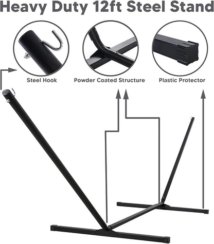 SUNCREAT Hammocks Extra Large Double Hammock with 12 ft Stand, 475lbs Capacity, Outdoor Portable Hammock with Hardwood Spreader Bar, Extra Large Pillow, Gray Green