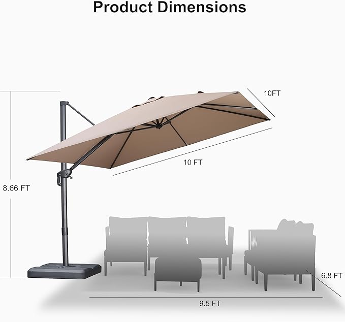 PURPLE LEAF 10 FT Outdoor Umbrella with Base Patio Cantilever Aluminum Umbrella with 3 Years Fade Resistance Recycled Fabric Offset Square with 360-degree Rotation for Deck Pool Garden, Sand Dune