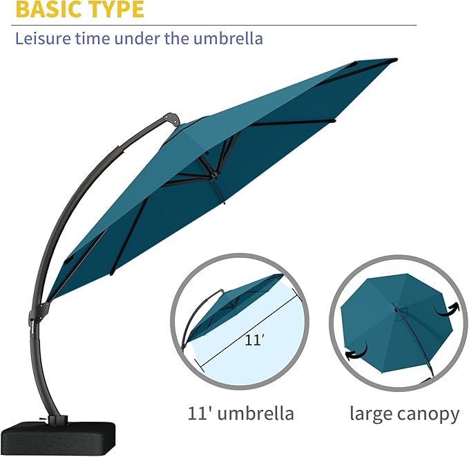 Kingdura 11ft Offset Cantilever Patio Umbrella with Base Included, Large Round Aluminum Outdoor Umbrella, 360° Rotation & Infinite Tilt, Heavy Duty Frame for Deck Pool Backyard, Lake Blue