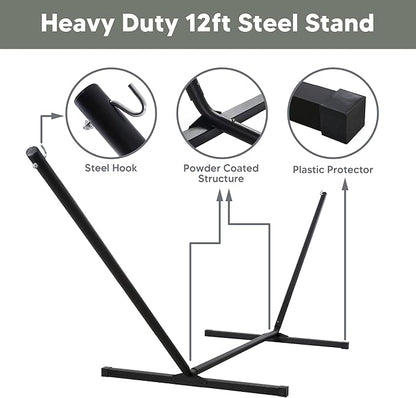 SUNCREAT Hammocks Double Outdoor Hammock with Stand, Cotton Rope Two Person Hammock with Polyester Pad & Large Pillow, Blue& Gray