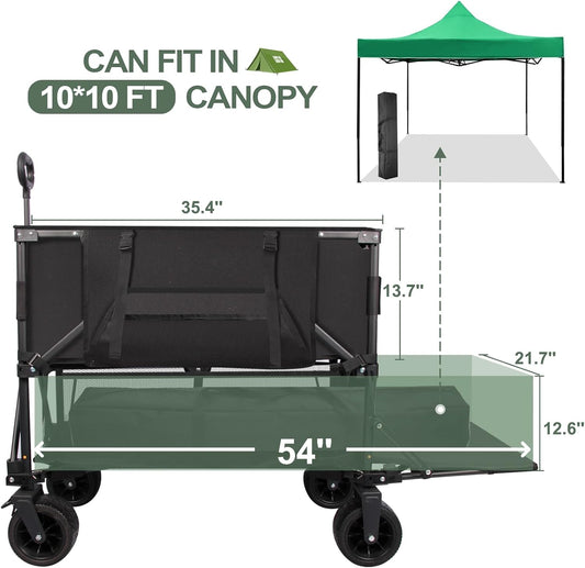 Double Decker Wagon Heavy Duty Collapsible, 600LBS 400L Capacity Foldable Utility Cart with Big Wheels for Beach, Outdoor, Camping & Gardening, Durable Steel Frame