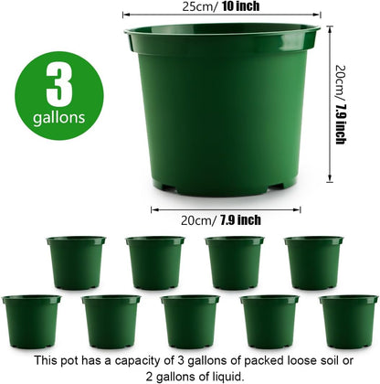 3 Gallon Plastic Nursery Pots, 10 Inch Round Plant Pots with Drainage Holes, 10 Pack Planting Pot for Outdoor Indoor Plants, Gardening Gifts for Women, Green