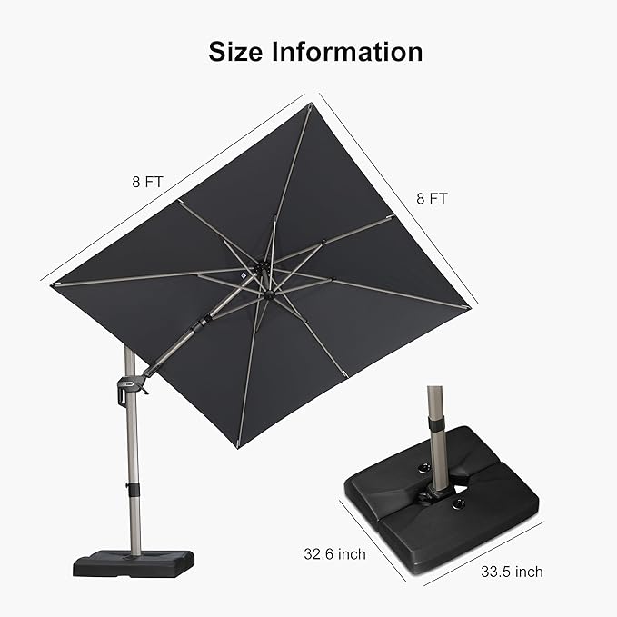 PURPLE LEAF 8' X 8' Left-right Tilting Patio Umbrella with Base Outdoor Swivel Cantilever Offset Aluminum Umbrella with Champagne Frame and 360-degree Rotation for Garden Deck Pool, Grey