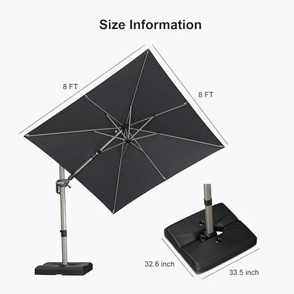 PURPLE LEAF 8' X 8' Left-right Tilting Patio Umbrella with Base Outdoor Swivel Cantilever Offset Aluminum Umbrella with Champagne Frame and 360-degree Rotation for Garden Deck Pool, Grey