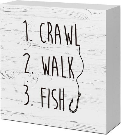 White Crawl Walk Fish Rustic Wooden Sign Desk Decor, Funny Baby Fishing Wood Block Sign for Home Bedroom Baby Room Shelf Table