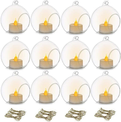 12 Pcs 3.15"/ 8cm Hanging Glass Tealight Holder Globe with LED Tealight, Plant Terrariums Glass Orbs Air Plants Tea Light Candle Holders Home Decor Indoor Outdoor Garden DIY Gifts (12 Pcs)