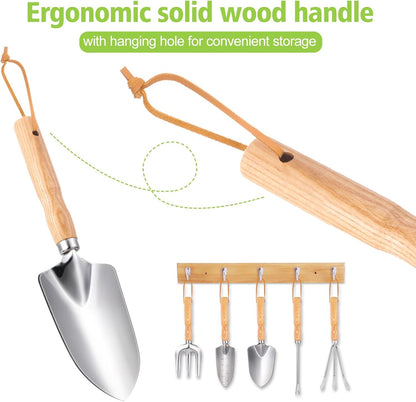 Garden Tools 5-Pieces, Heavy Duty Gardening Hand Tools with Wooden Handle, Canvas Gloves, Stainless Steel Material, Rust-Proof Garden Tool Set, Ideal Gardening Gifts for Women
