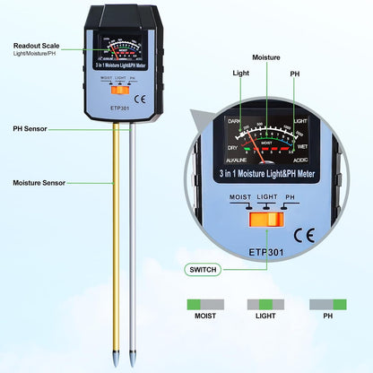 ALLOSUN Soil Moisture Meter for Plants, 4 in 1 Soil pH Tester/pH Meter for Water/Light Meter for Plants, Indoor, Garden, Farm, Lawn, No Battery Required