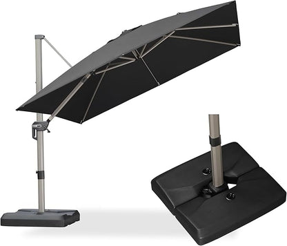 PURPLE LEAF 10FT Patio Umbrella with Base Cantilever Umbrella Square Outdoor Offset Umbrella with Champagne Frame and 360° Rotation for Garden Deck Pool, Black