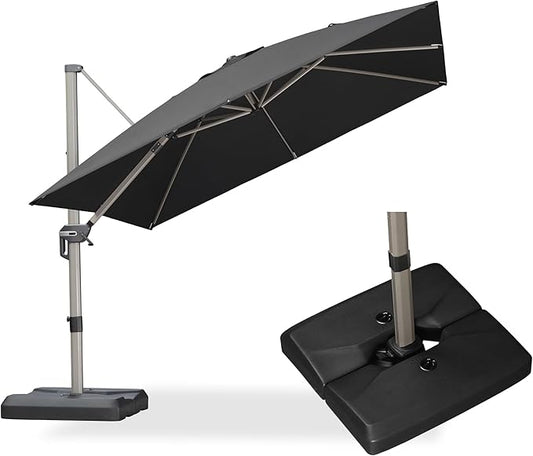 PURPLE LEAF 10FT Patio Umbrella with Base Cantilever Umbrella Square Outdoor Offset Umbrella with Champagne Frame and 360° Rotation for Garden Deck Pool, Black