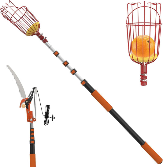 26FT Reach Fruit Picker Pole with Basket Telescoping, Apple Picker with Tree Trimmer and 5-20FT Extension Pole for Orange Lemon Mango Avocado Guava Fruit Picking