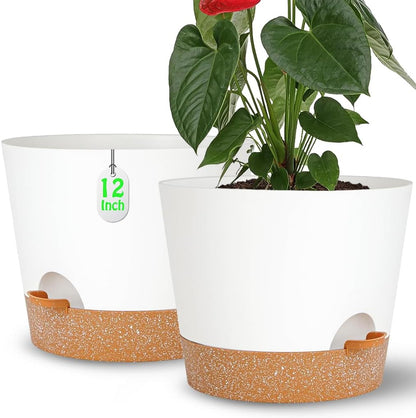 12+12Inch 2Pack Large Flower Pots for Indoor/Outdoor Plants,Self Watering Planters with Reservoir and Drainage Hole White Plastic Planting Pots Modern Home Decor Gift Idea