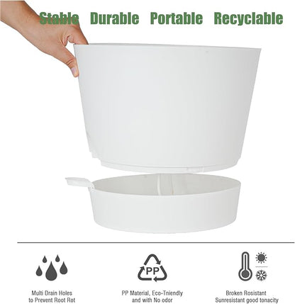 12inch Large Self Watering Plant Pot, Plastic Cylinder Planter with 60Oz Deep Reservoir and Saucer for Indoor Outdoor Plants Flowers Houseplants, White