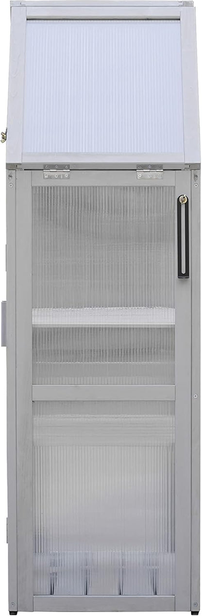 Cold Frame Greenhouse, Small Wood Greenhouses, Mini Polycarbonate Green House with Adjustable Roof, 2 Adjustable and Removable Shelves for Outdoors, Indoors Plant, Flower, Vegetable