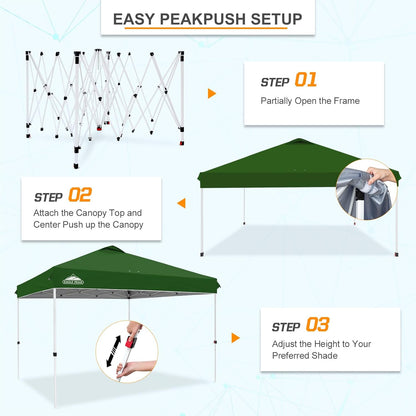 EAGLE PEAK Pop Up Canopy Tent with Wheeled Carry Bag, 8 Stakes, 4 Ropes, 4 Weight Bags, Easy Set Up Tent Canopy, 12x12 ft, 144sqft of Shade, Green