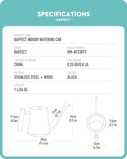 Baffect Indoor Watering Can, 1L/34OZ Metal Houseplant Watering Can with Wooden Handle, Curved Design Watering Can with Long Spout for Small Potted Plants (Black)