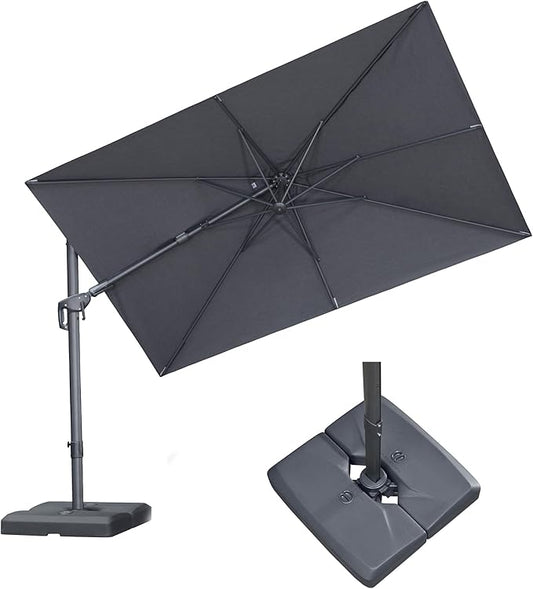 PURPLE LEAF 10' X 6.5' Swivel Outdoor Patio Aluminum Umbrella with Base Left-right Tilting Cantilever Offset Umbrella with UV Resistant Heavy Duty Fabric for Deck Pool Patio Backyard, Graphite Grey