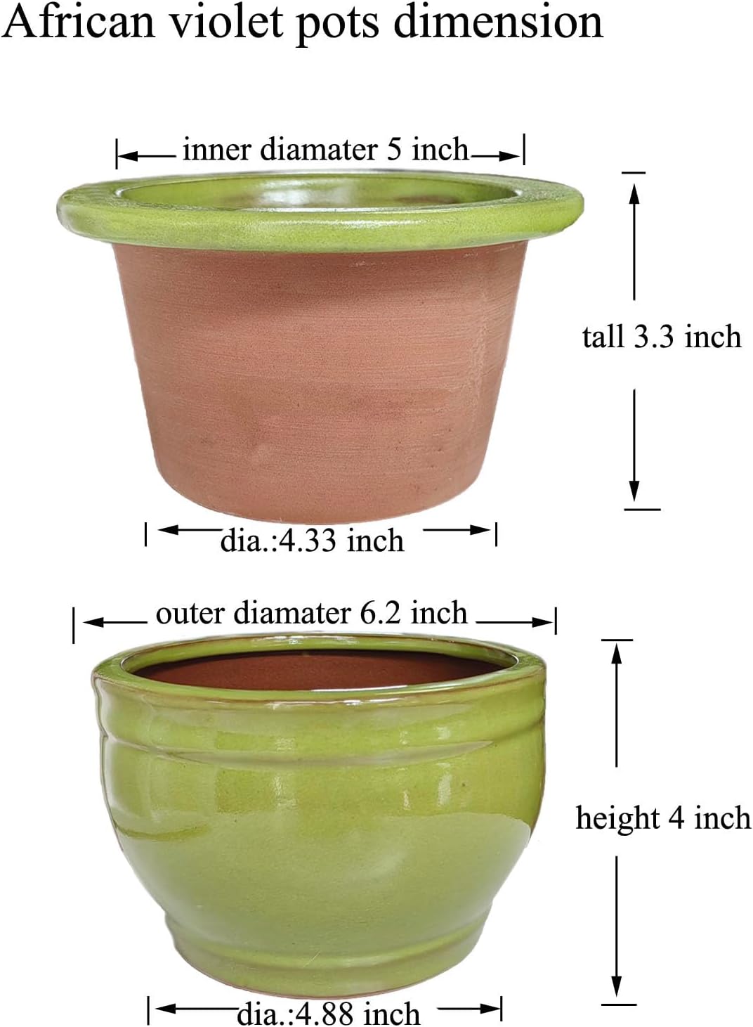 African Violet Pots Self Watering Round Ceramic Violet Pot (Green, 6 inch)