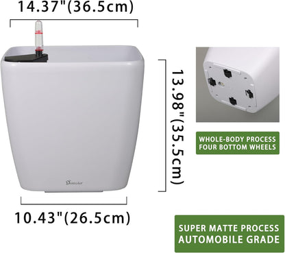 Dexceder 15x14 Self Watering Planter with Wheels Indoor Outdoor, Inner Mat Design, Thickened Large Floor Standing Flower Plant Pot with Water Level Indicator (White Matte)